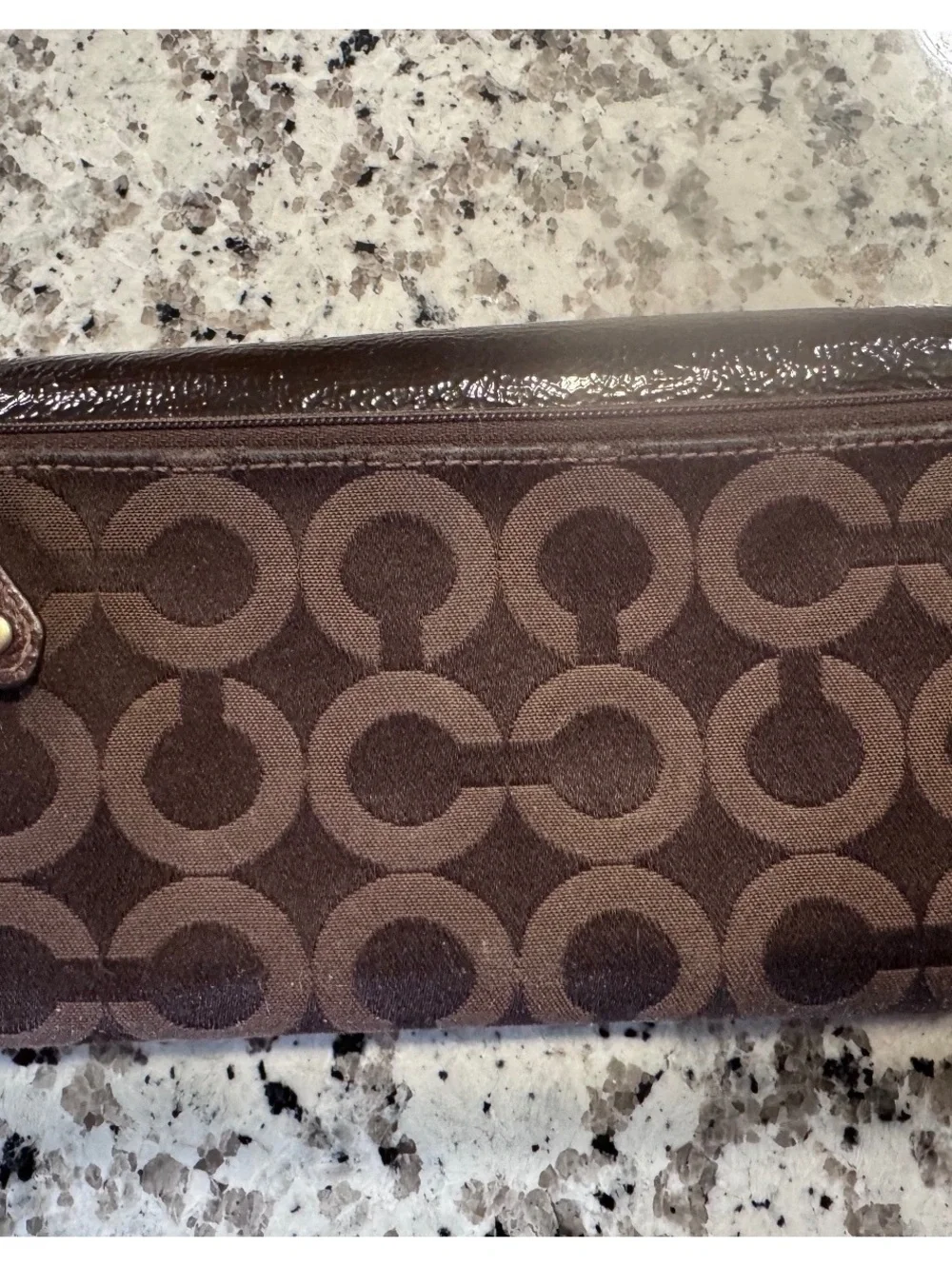 Coach Signature Brown Canvas Patent Leather Checkbook Wallet Long Clutch